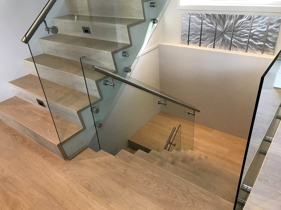 Detail of hardwood stair nosing and tread edge